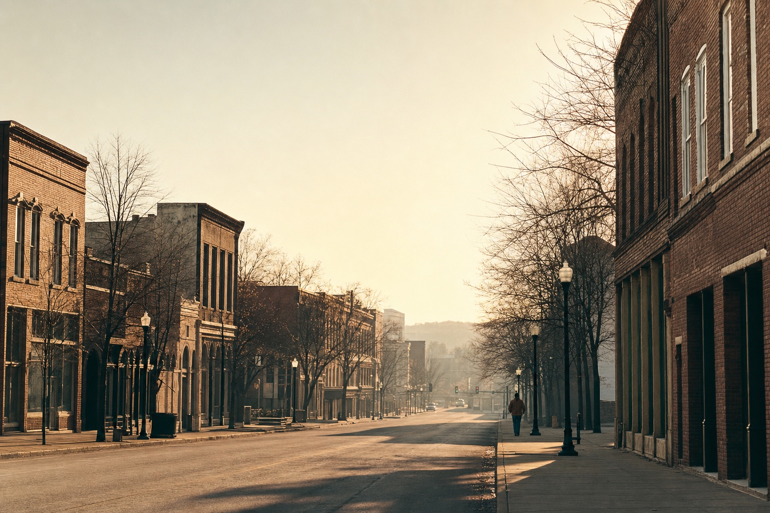An empty north-Alabama main street at golden hour, brick facades on both sides, bare deciduous trees, one distant figure crossing in the middle distance, late-winter haze.